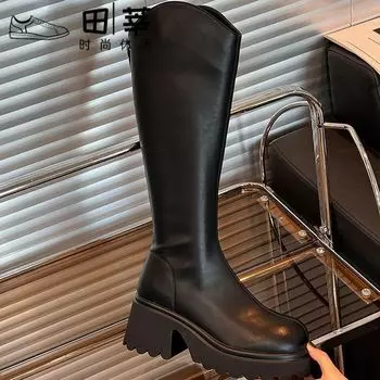 Круглые однотонные ботинки с застежкой-молнией сзади женские 2024 осень-зима новые модные высокие сапоги в стиле ретро на толстой подошве рыцарские сапоги 35 чёрный