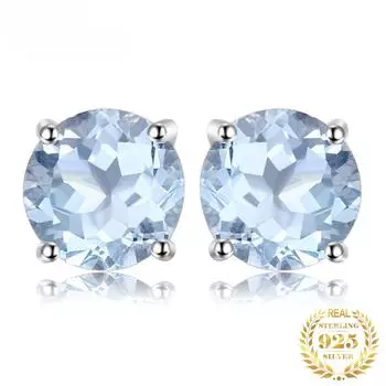 Круглые серьги-гвоздики из стерлингового серебра 925 пробы с натуральным синим топазом 2 карата для женщин, модные ювелирные изделия из драгоценных камней, подарок на годовщину