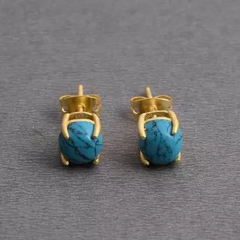 Круглые серьги-гвоздики из тибетской бирюзы из желтого золота, подарок для нее, подарок на годовщину, серебряные серьги-гвоздики, серебро 925 пробы, подарок на день рождения