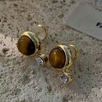 Круглые серьги-гвоздики с камнем тигровый глаз, атмосферные ретро-серьги, темпераментные, модные, индивидуальные, простые, универсальные серьги