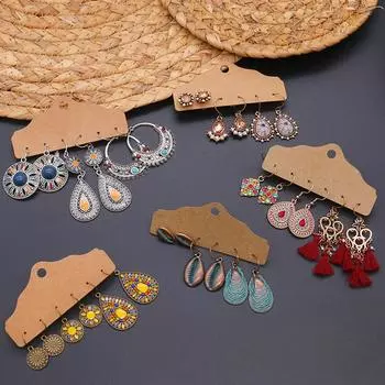 Круглые серьги-гвоздики с кисточками, 3 пары, женские серьги-капли с подвесками-крючками