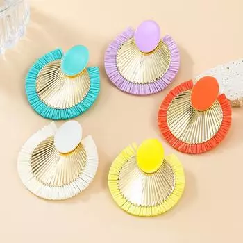 Круглые серьги из европейской и американской рафии в полоску - дизайн в стиле бохо-сплава оранжевый