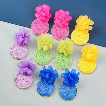 Круглые серьги из рафии с цветком из летней смолы — геометрическая мода для женщин жёлтый