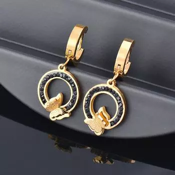 Круглые серьги-подвески из титановой стали с черными кристаллами и золотой бабочкой из нержавеющей стали