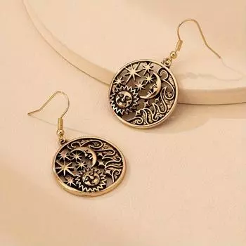 Круглые серьги-подвески «Солнце, Луна, звезда», винтажные ювелирные изделия из цинкового сплава с покрытием из 18-каратного золота, в готическом стиле, с выемкой для женщин золотой