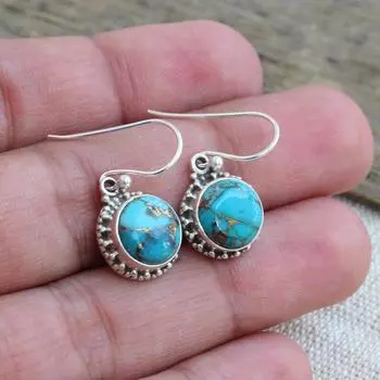 Круглые серьги с бирюзовым драгоценным камнем, серебро 925 пробы, дизайнерские серьги, украшения в стиле бохо, модные украшения