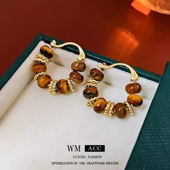 Круглые серьги с тигровым глазом из настоящего золота с гальваническим покрытием и осенне-зимние модные серьги в стиле ретро, элегантные и высококачественные серьги коричневый