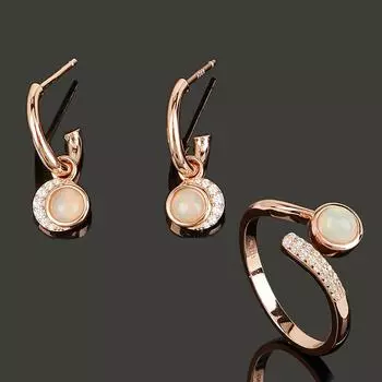 Круглые серьги в форме капли с натуральным опалом, регулируемое кольцо, комплект ювелирных изделий из стерлингового серебра 925 пробы, женские ювелирные изделия для повседневной носки M розового золота