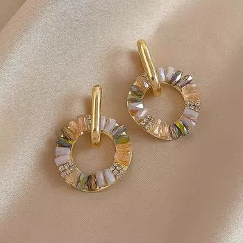 Круглые серьги в стиле ретро с цветными блоками, инкрустированные камнями, пара стильных металлических высококачественных сережек для женщин 3.7*2.5cm золотой