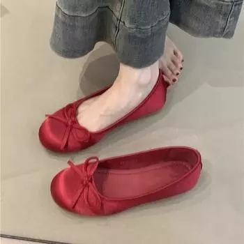 Круглые синие балетки 2025 весна французский легкий вечерний ветер атласные удобные туфли на плоской подошве с одной педалью бабушкины туфли 35 абрикосовый