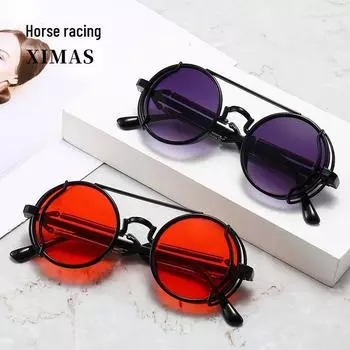 Круглые солнцезащитные очки в европейском и американском стиле панк с цветными двойными пружинными ножками Green film зелёный