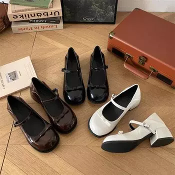 Круглые универсальные женские туфли в японском стиле в стиле колледжа, весна-осень, женские туфли на каблуках с бантом, коричневые, на толстом мелком каблуке 35 чёрный