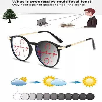 Круглые женские ретро большие сверхлегкие удобные фотохромные прогрессивные мультифокальные очки для чтения от +0,75 до +4 +0.75 чёрный