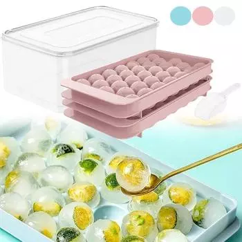 Круглый 3D-лоток для льда с крышкой, форма для льда в стиле ромба, сферические формы для холодильника, самодельные формы для приготовления ледяных шариков с ложкой, кухонные принадлежности синий