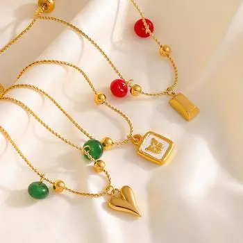 Круглый агатовый бусина геометрический элемент кулон браслет из нержавеющей стали покрытый 18-каратным настоящим золотом можно вытягивать и регулировать для женщин