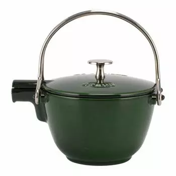 Круглый эмалированный чайник Staub с заварочным фильтром IH, термочайник, стильный 1650085, круглый заварочный чайник Basil Green [Staub] 16,5 см [Товар]