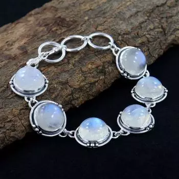 Круглый браслет из лунного камня, ювелирные изделия в стиле бохо, браслет ручной работы, подарок на свадьбу, день рождения, серебро 925 пробы 7.5 Inch