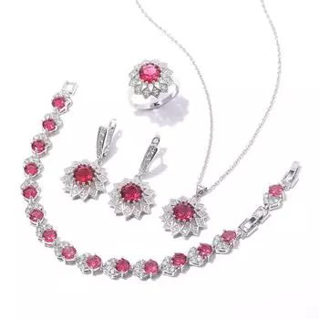 Круглый циркон ожерелье серьги кольцо браслет комплект, медный комплект циркон платиновое покрытие ювелирные изделия, многоцветный Size 6 ring set розы красного