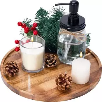 Круглый деревянный поднос для декора — красивый поднос из дерева акации для кухонного обеденного стола — идеальный маленький поднос для свечей для журнального столика и домашнего декора