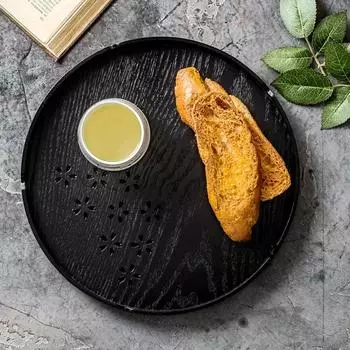 Круглый деревянный поднос, сервировочная тарелка, большой черный кофейный сервировочный поднос для завтрака, тарелка для фруктов, поднос для китайского чая, деревянная утварь Dia 30cm