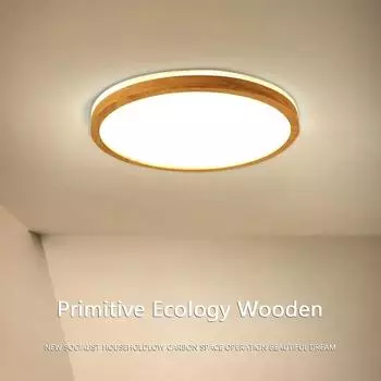 Круглый деревянный потолочный светильник для спальни, гостиной, зала, кухни, потолочный светильник с квадратным кольцом, умный пульт дистанционного управления, светодиодная люстра Warm White