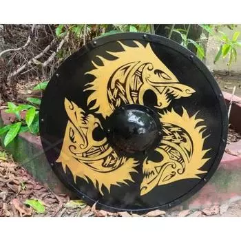 Круглый деревянный щит средневекового викинга, подлинный, потрепанный в боях, скандинавский, ручная работа