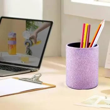 Круглый держатель для карандашей из искусственной кожи, настольный органайзер для хранения ручек, канцелярских принадлежностей, ножниц, контейнер для дома, школы, офиса, общежития фиолетовый