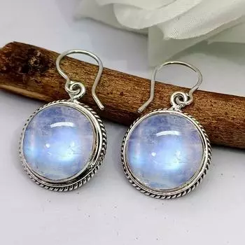 Круглый драгоценный камень Лунный камень-радуга из цельного серебра 925 пробы, ручной работы, женская серьга-подвеска