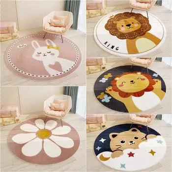 Круглый ковер из кашемира ягненка с кроликом, коврик для ползания в виде животного льва, детский коврик для детской комнаты, мягкие нескользящие прикроватные коврики для дома, гостиной, кухни M Diameter60cm