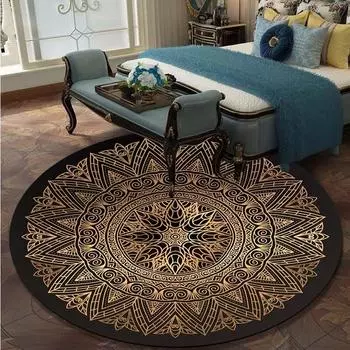 Круглый ковер в стиле ретро с черными и золотыми цветами, стул лотоса, напольный коврик, мягкие ковры для гостиной, противоскользящий ковер, ковер для декора спальни 60cm x 60cm