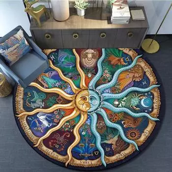 Круглый коврик Mythic Celestial The Sun Moon Twelve Constellation Carpet Нескользящий моющийся коврик для спальни, гостиной, декора 60x60cm
