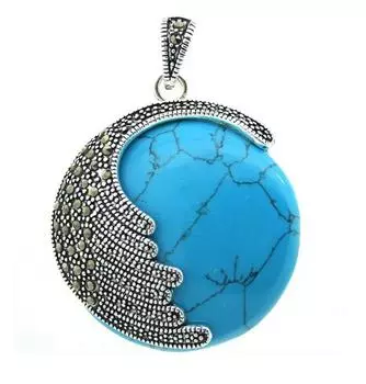 Круглый кулон из марказита из стерлингового серебра 925 пробы с натуральным синим бирюзовым 35 мм