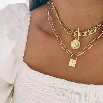 Круглый кулон, ожерелье, комбинация, комплект из 4 предметов, подарочные ювелирные изделия, элегантный ретро темперамент, женский свитер, цепочка золотой