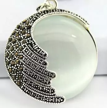 Круглый кулон с прозрачным белым опалом и марказитом 35 мм