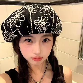 Круглый купольный берет с вышитым цветком черного цвета, модная роза, восьмиугольная шляпа для улицы чёрный
