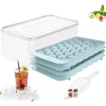 Круглый лоток для кубиков льда с крышкой. Контейнер для изготовления ледяных шариков. Форма с контейнером. Лопата для изготовления сферы. Sets синий