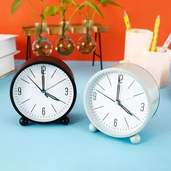 Круглый маленький будильник, тихий, без тиканья, прикроватный столик, светящийся будильник на батарейках, компактные портативные часы, ночник чёрный