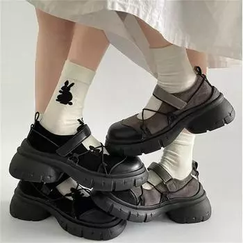 Круглый носок HOOk&LOOP Mary Janes женские туфли нескользящие толстые туфли женские туфли ретро увеличивающие рост повседневные 35 чёрный