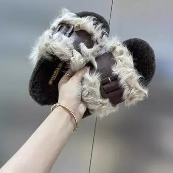 Круглый носок, короткие плюшевые тапочки с пряжкой и ремешком, декоративная зимняя обувь 2024 года, новый дизайн, женские шлепанцы разных цветов, открытый носок, уличная обувь 35 чёрный