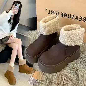 Круглый носок на плоской подошве с цельным зимним ботинком на молнии, женская обувь 2024 года, высококачественные оторванные ботинки на высоком каблуке, новинка, женские ботинки 35 темно-коричневого