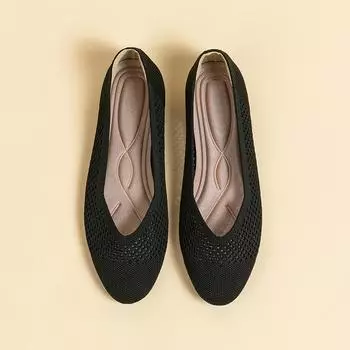 Круглый носок, неглубокий вырез, ткань, плоская подошва, однотонный трикотаж, мягкая подошва, большой размер 34-43 34 чёрный