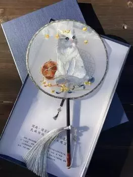 Круглый односторонний веер с рисунком кошки, вышитый машинкой, ханьфу, ципао, китайский стиль, показ мод, съемка, подарок темно-зеленого