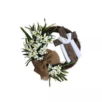 Круглый пасхальный венок на дверь с крестом и мешковиной, декор входной двери в деревенском стиле