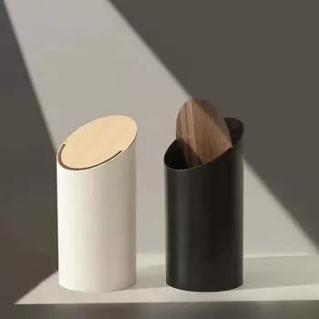 Круглый пластиковый мусорный бак с деревянной крышкой, мусорный бак в японском стиле, наклонный мусорный бак с откидной крышкой, для ванных комнат, 9L