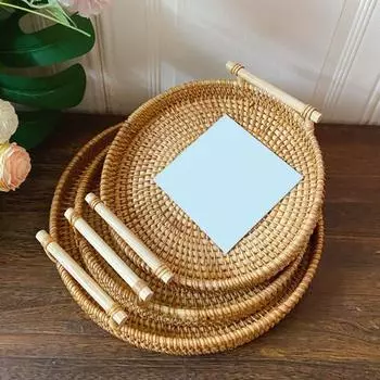 Круглый плетеный поднос для фруктов из ротанга, устойчивый к деформации, наслаждайтесь закусками, плетеный поднос для сервировки дома S