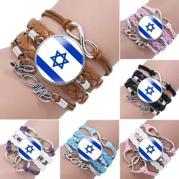 Круглый регулируемый браслет с флагом Израиля, многослойный браслет ручной работы с металлическим декором в виде букв, искусственная кожа 3