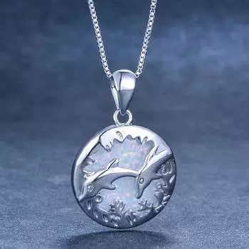 Круглый Синий Гладкий Двойной Дельфин Женское Универсальное Ожерелье с Подвеской