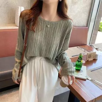 Круглый свитер для женщин Трикотажная рубашка на весну и осень Дизайнерский стиль нишевый топ в ленивом стиле S синий