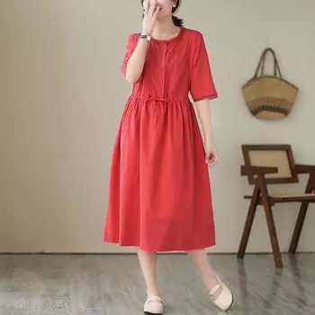 Круглый вырез 2025 весна-лето новый литературный темперамент вышитый шнуровка талия длинное платье из рами рукава пять четвертей, для женщин M красный