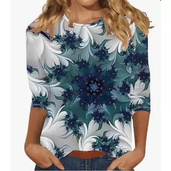 Круглый вырез 3D этнический стиль Цветы Печатный топ Модные повседневные длинные рукава женские футболки S